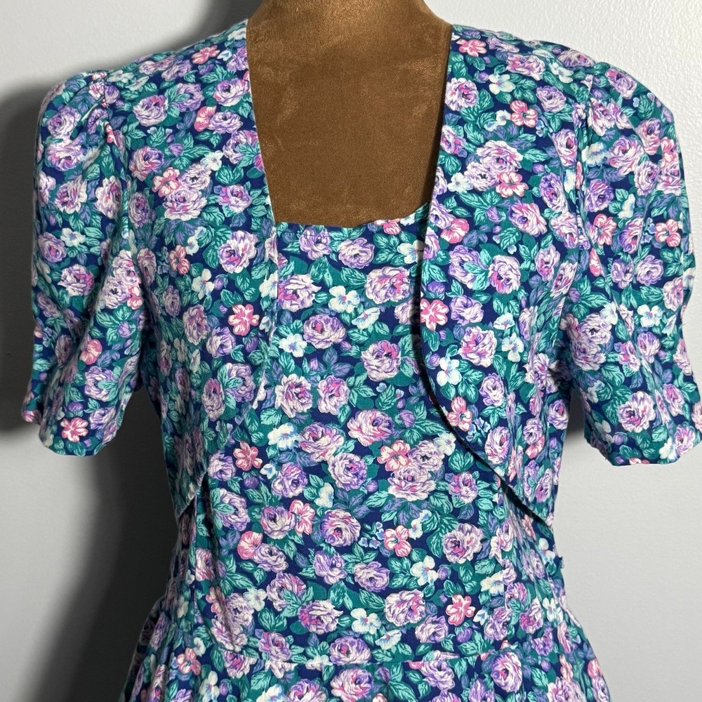 Glenfrey 90s Blue Floral Prairie Vintage Midi Cottagecore Puff Sleeve Dress 13 - Picture 4 of 14